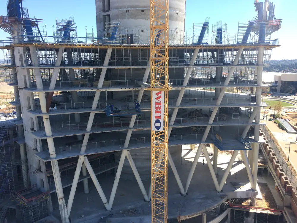 The PwC tower under construction, where the spiral shape is starting to be built around the structural core.