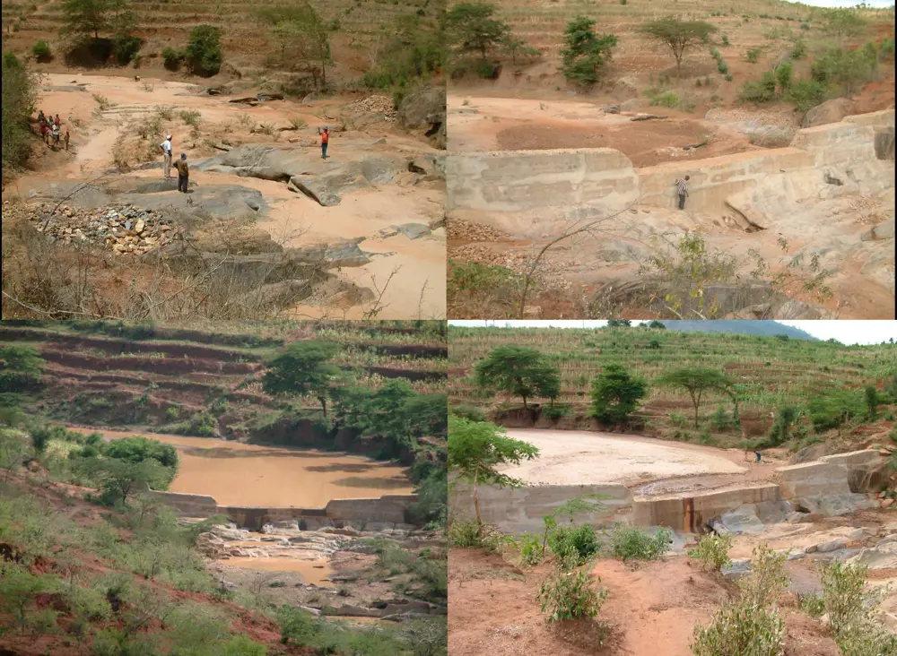 Several images of a dam before and after construction.