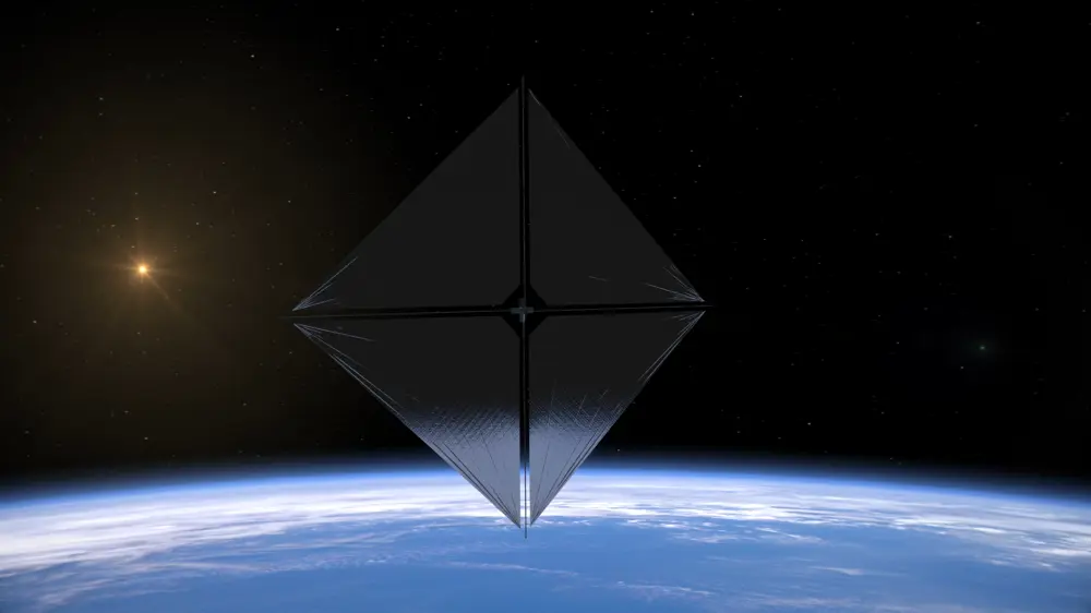 Solar sail spacecraft above Earth, with reflective sail panels capturing sunlight for propulsion in space.