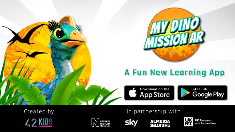 An advertisement for the 'My Dino Mission Ar' game for the app store or google play with an animated feathered dinosaur in the left of the advertisement. 