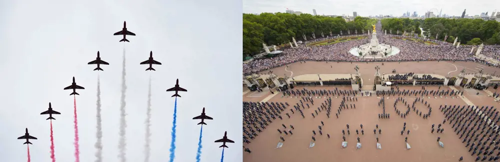 The red arrow planes as seen from underneath (left). An aerial shot of RAF personnel standing to spell out RAF 100 at Buckingham Palace.