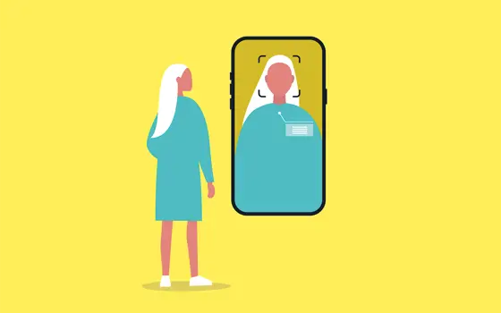 A cartoon of a woman with a smartphone next to her showing it has recognised her face.