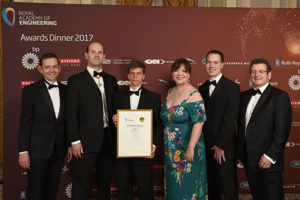 Dr Gordon Hollingworth, Dr Eben Upton CBE, Dom Cobley, Liz Upton, James Adams and Pete Lomas at the MacRobert 2017 awards ceremony. 