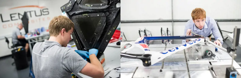 A male engineer working in a workshop on a mould (left). A male engineer testing a Cervélo bike frame in a workshop (right).
