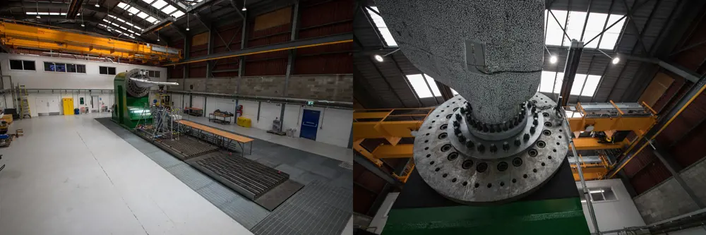 A photograph of a tidal blade from the FastBlade system in a factory (left) and an individual blade with a speckle pattern (right).