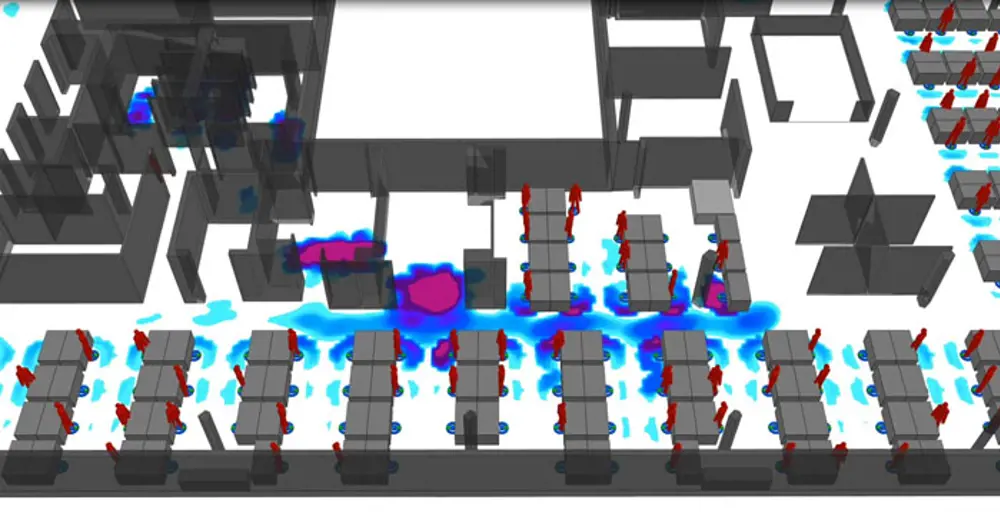 The layout of a digital office building, with areas on the ground, such as in certain corridors colour-mapped as social distancing hotspots.
