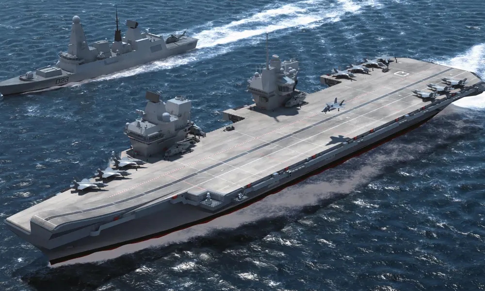 The HMS Queen Elizabeth in the ocean next to the smaller Type 45 destroyer.