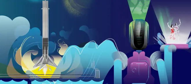 An illustration of a rocket landing on a platform out at sea, next to a robot thinking about how to ballroom dance using generative AI