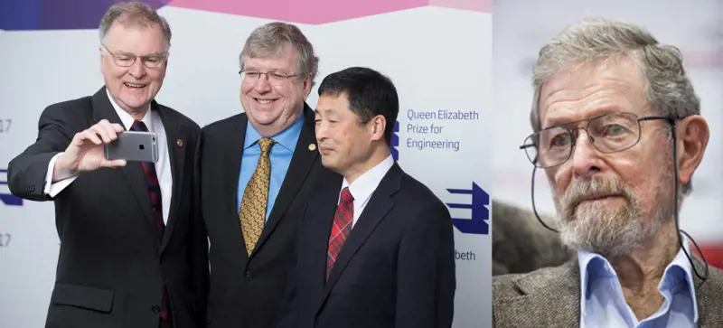 Michael Thompsett, Eric Fossum and Nobukazu Teranishi taking a selfie (left). A headshot of George Smith (right).