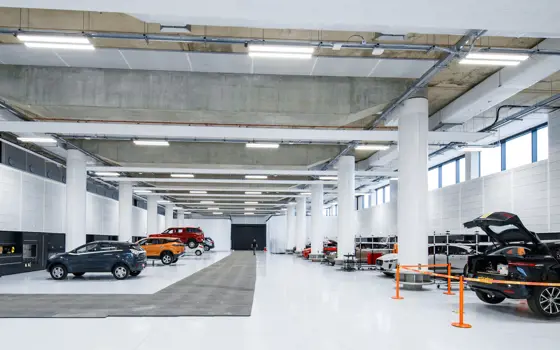 New cars lined up inside of the National Automotive Innovation Centre in Warwick.