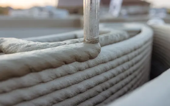 Close-up of layered concrete being extruded in a 3D-printing process.