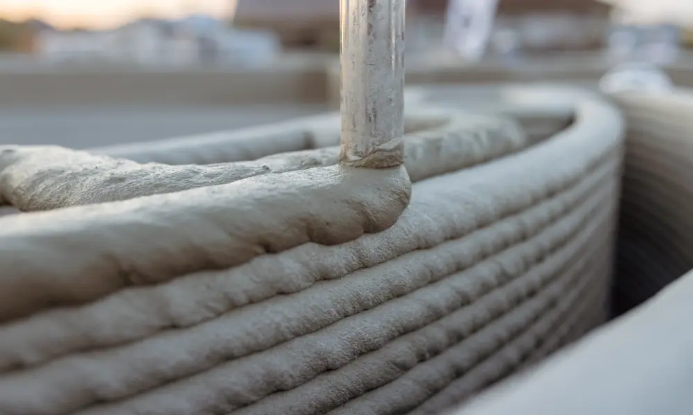 Close-up of layered concrete being extruded in a 3D-printing process.