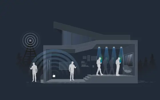 A digital illustration of people walking into a room and using Li-Fi from LED lights above them.