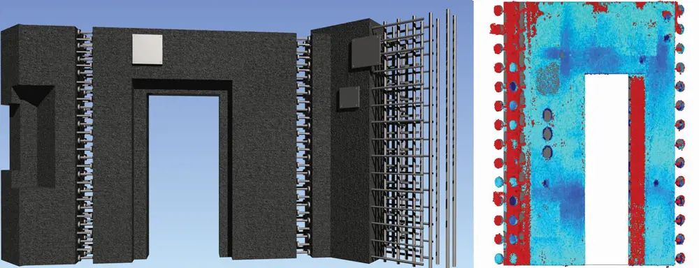 A computer generated 3D model of a nuclear component (left) and a laser scan of the built nuclear component (right).