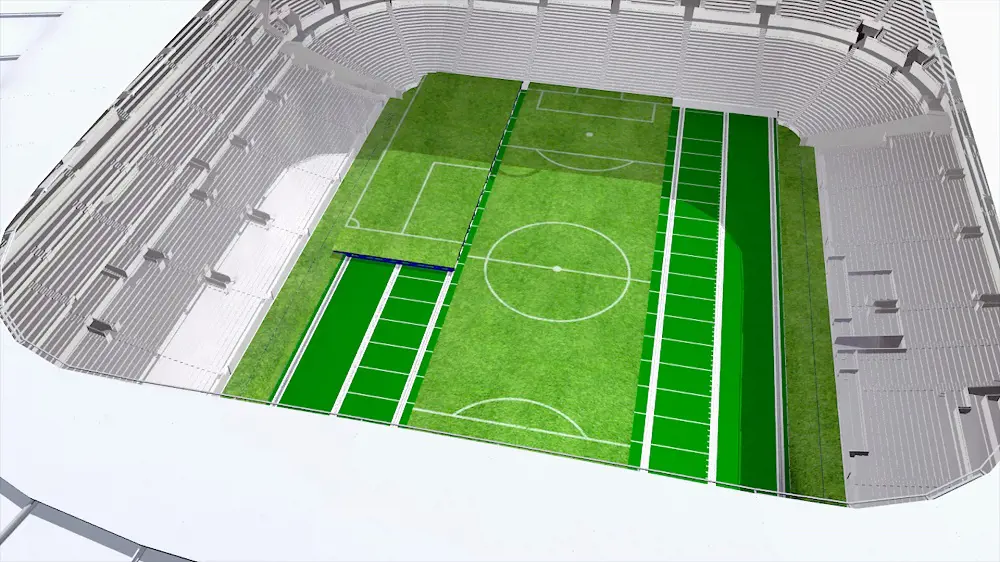 An aerial view of a computer-generated image of the artificial NFL field and surrounding seats.
