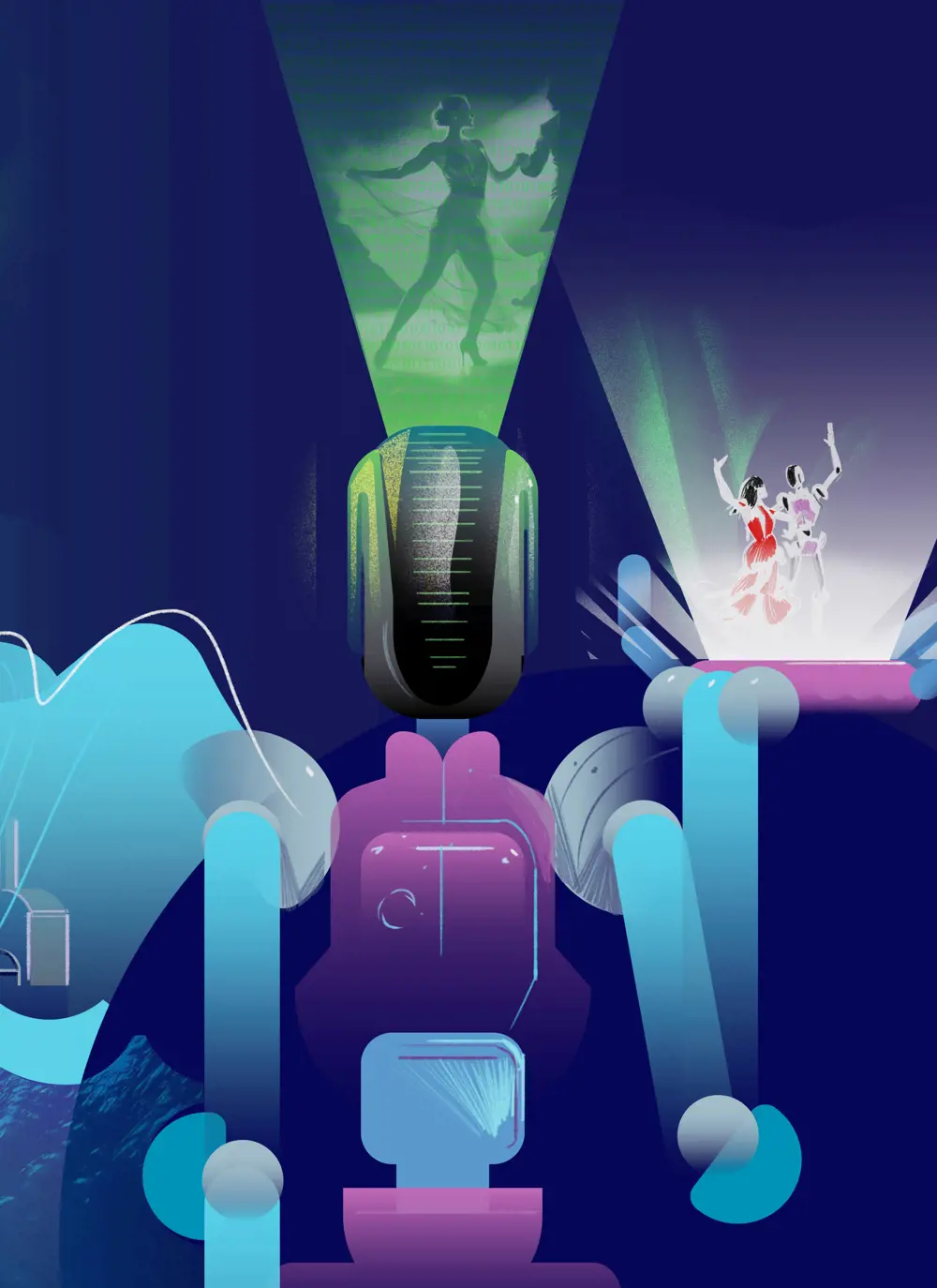 An illustration depicting a robot using integrated AI to learn how to ballroom dance with a person