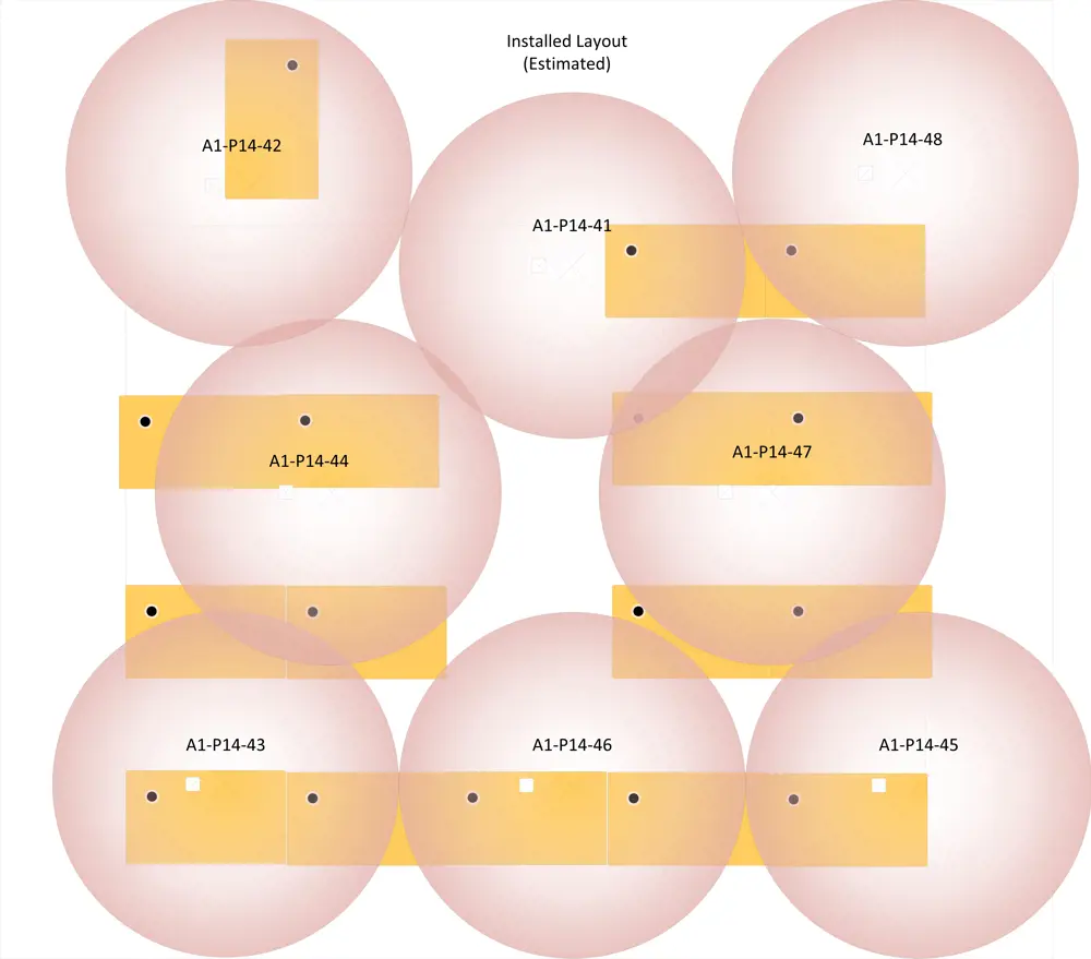 A schematic of eight circles representing Li-Fi access points that will be on the ceiling, overlapping with the position of students desks in a classroom.