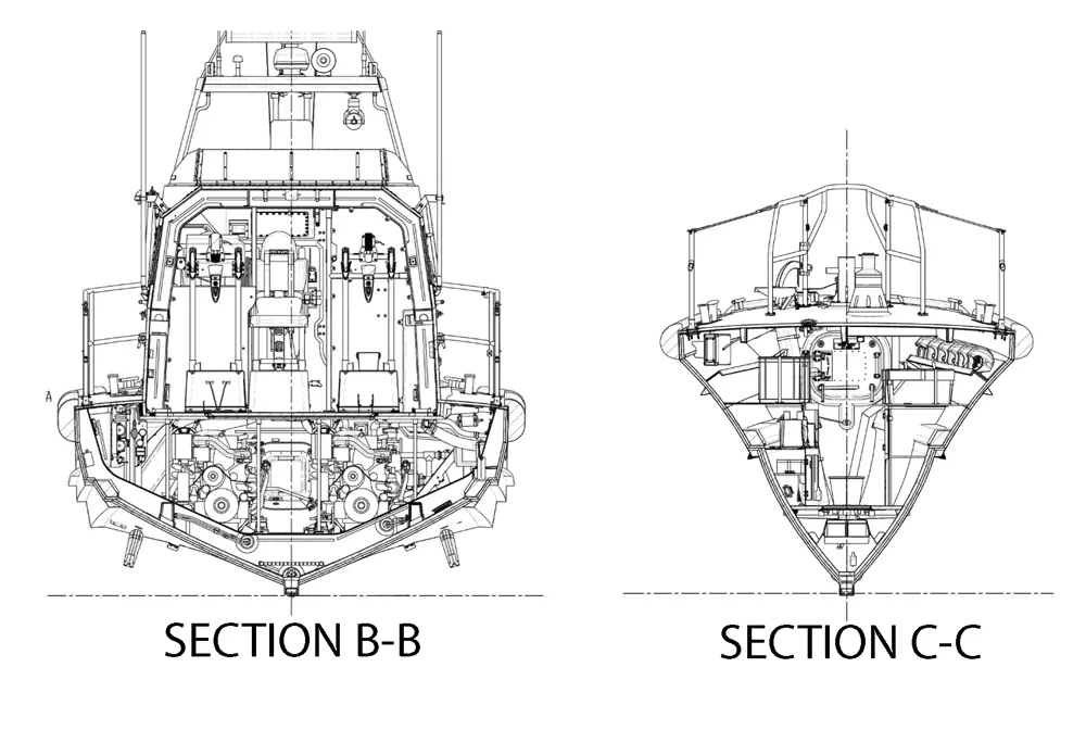 A detailed sketch of a cross section of the Shannon's wheelhouse and engine room (left) and of the forestore (right).