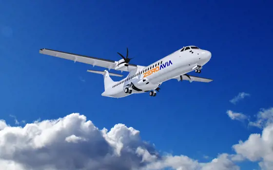 A concept image of ZeroAvia's 19 seat plane in the sky.