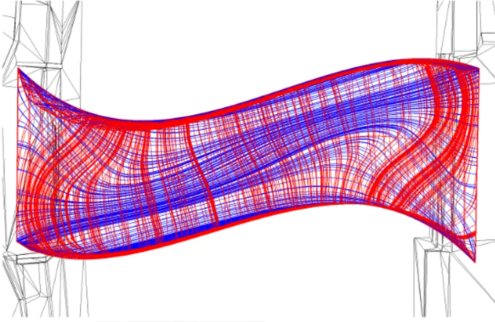 A diagram showing where major stresses on a bridge with force lines along the length and width of the bridge shown in blue and red.