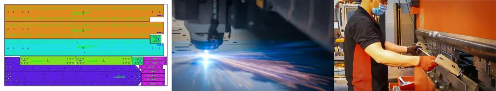 A collage of images. Left: a screenshot from a computer design of the bridge components. Middle: Laser cutting the sheet metal. Right: An engineer working on the components.