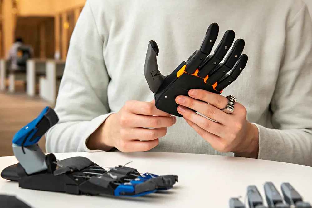 A close up of the black 3D printed prototype of the Metacarpal prosthetic hand, which is based on the split hook style.