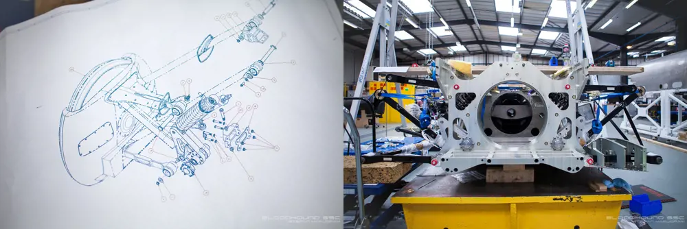 The design sketch of the rear end of the bloodhound (left). Components used to build the bloodhound suspended in a factory (right).