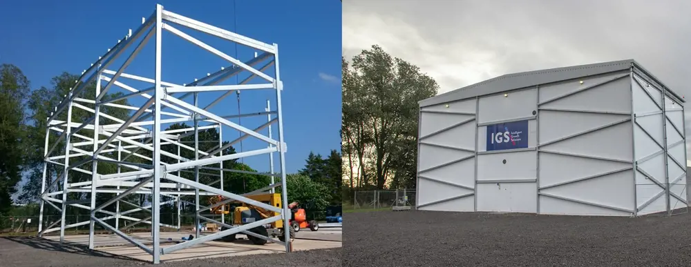 The frame (left) and final structure (right) of a growth tower at an indoor farming facility.