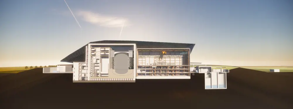A cross section of the design of a building containing a small modular reactor. 