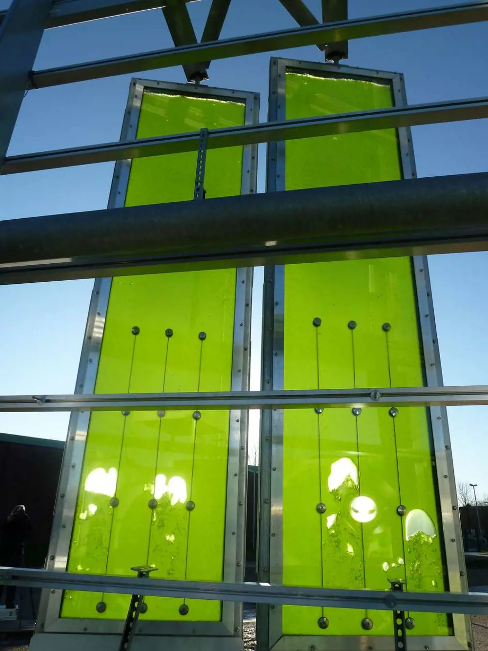 A transparent cluster of rectangular panels containing green liquid with bubbles running through it.