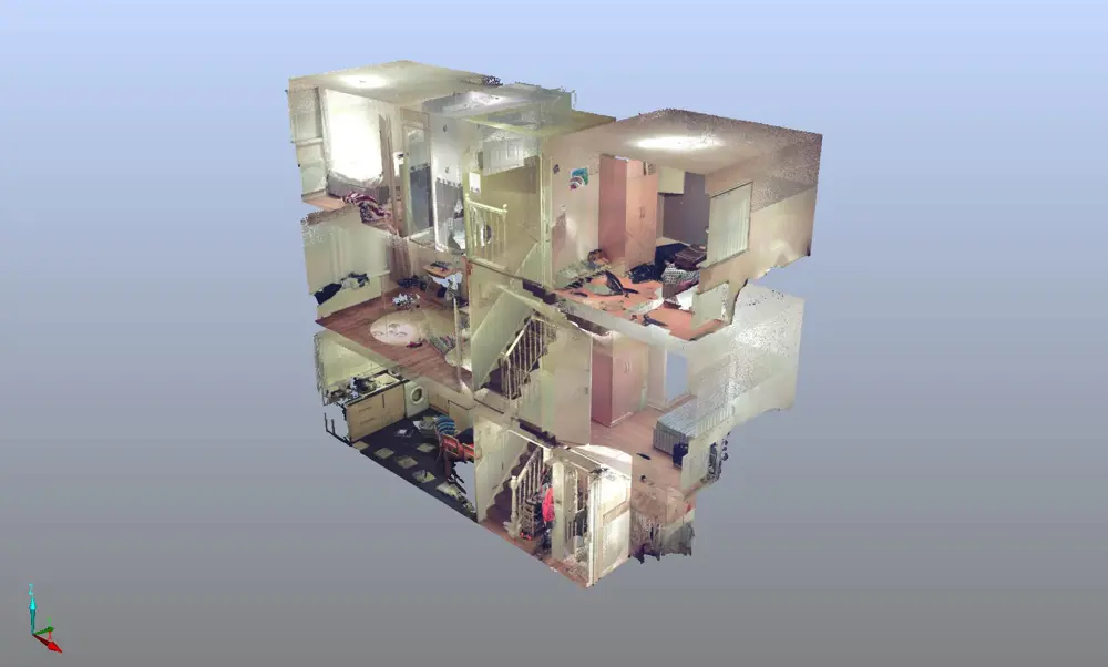 Computer generated 3D scan of a three-story building. 