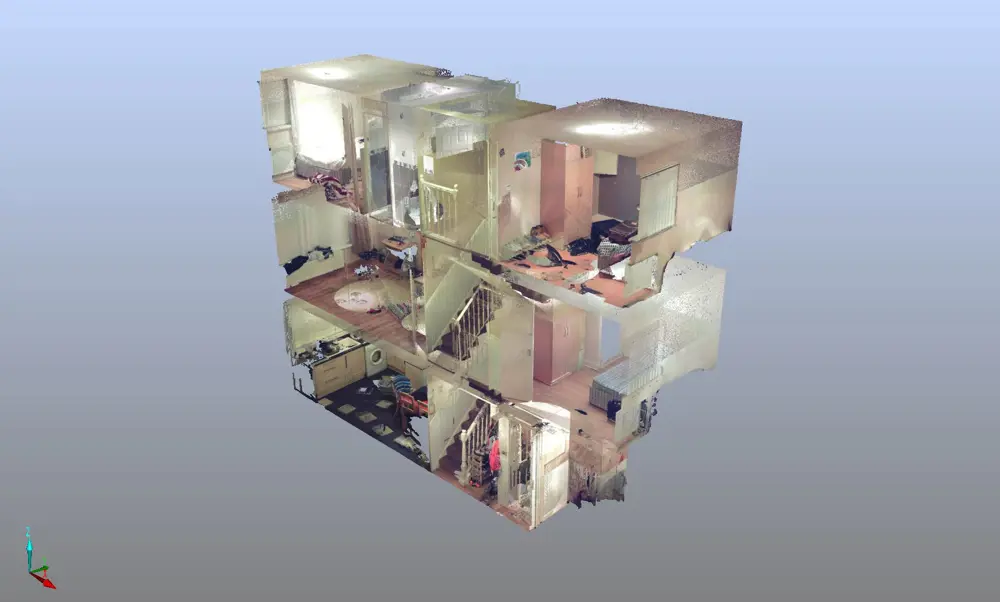 Computer generated 3D scan of a three-story building.