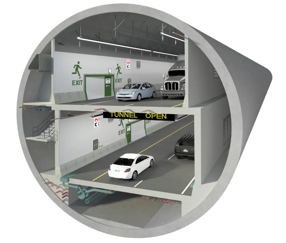 A computer-generated design of the Alaskan Way tunnel. Two cars are driving on each of the two levels of the tunnel.