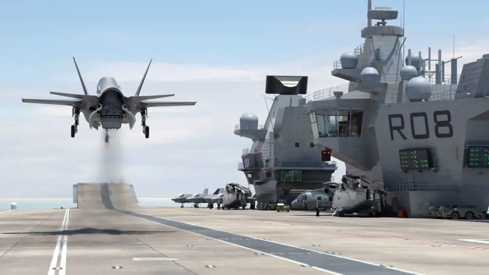 The F-35B vertical landing jet taking off from a boat runway.