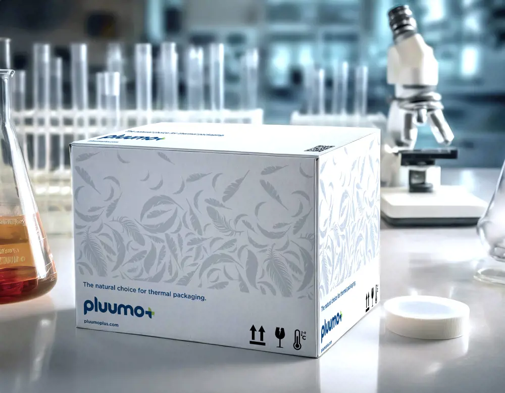 White cardboard box with grey feathers as a design and the word pluumo+ in blue, on a white worktop with test tubes and a microscope behind