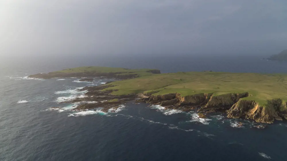 An aerial view of Unst island in Scotland.