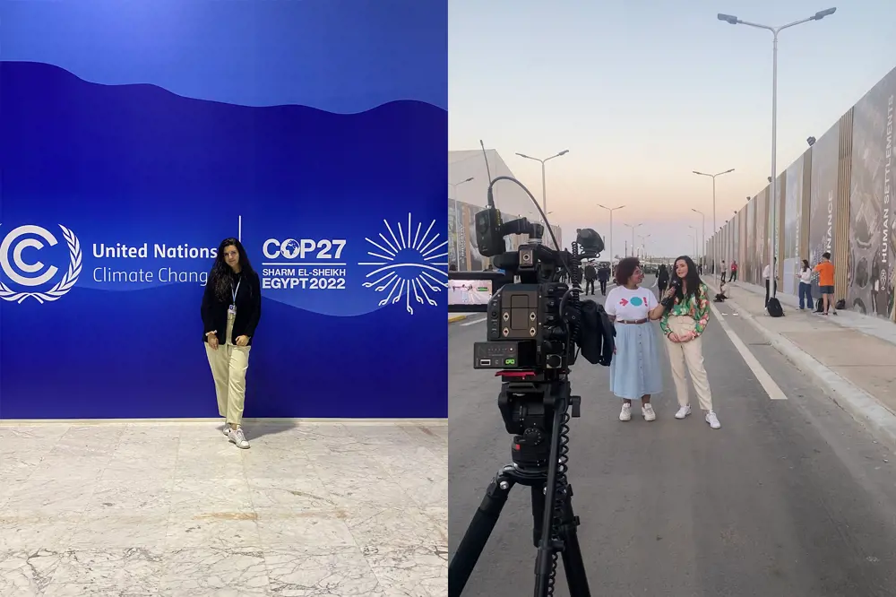 A side by side collage of two photos. The left shows a woman standing in front of a UN COP27 sign, the left shows two women standing in front of a camera in the street. One of the women is holding a microphone to the other.