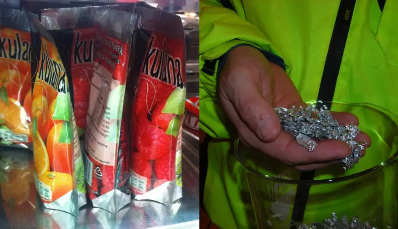 Drinks in plastic-aluminium packaging (left). Aluminium flakes in a persons hand (right).