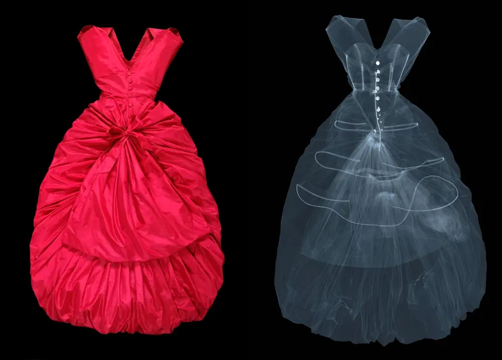 Bright pink couture dress shown alongside an X-ray image revealing its internal structure.