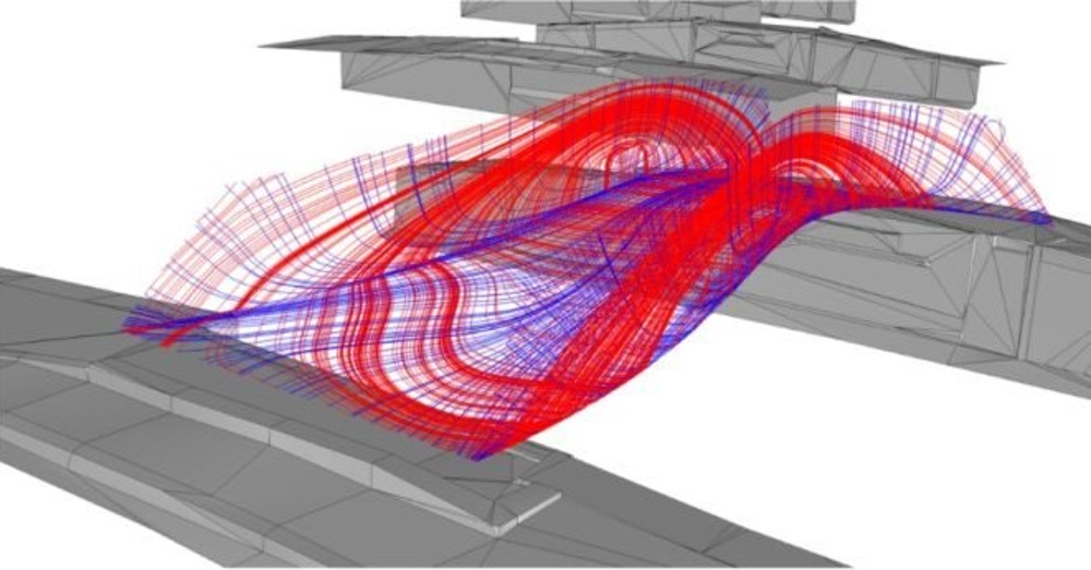 A digital illustration of the 3D-printed bridge in Amsterdam, made of red and blue lines.