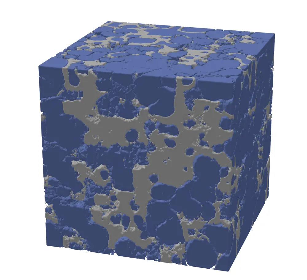 A 3D model showing the grains packed into a battery's cathode, coloured in blue and light grey.