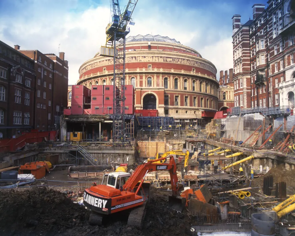 Construction vehicles outside of the Royal Albert Hall.