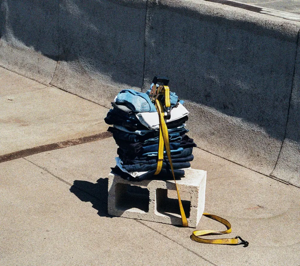 Several pairs of jeans stacked on top of one another