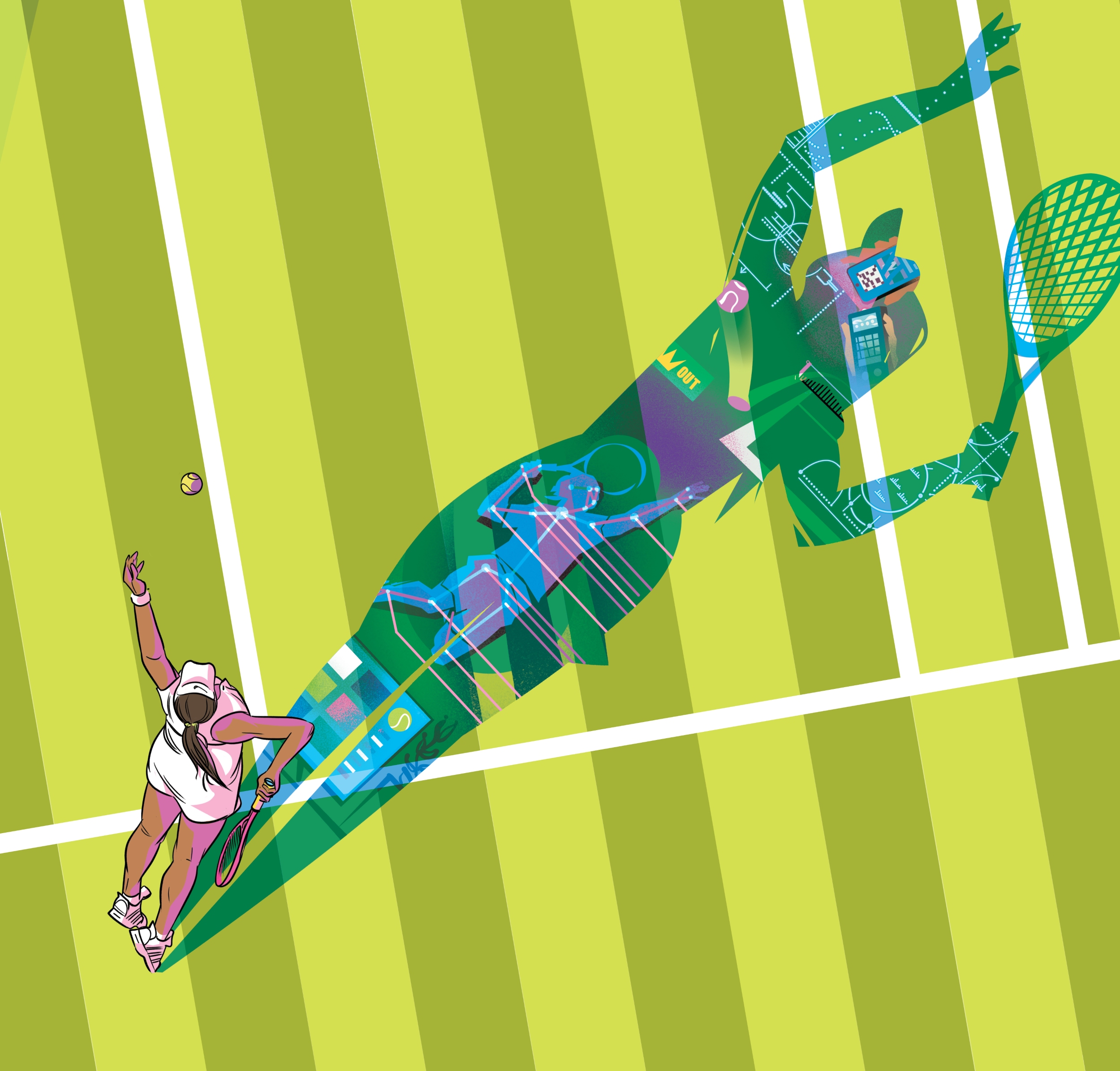 Illustration of a tennis player wearing a white dress and shoes, serving on a grass court, with symbolic imagery of sports technology drawn inside her shadow.