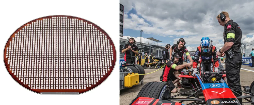 A circular SiC grid wafer (left). A driver climbing into a Formula E racing car (right).