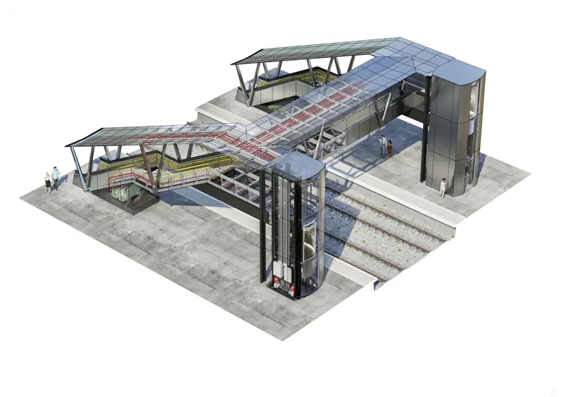 A cut-away of the bridge and its integrated services, showing the preassembled and precommissioned lifts simply delivered and ‘plugged in’ like a new washing machine © Expedition Engineering