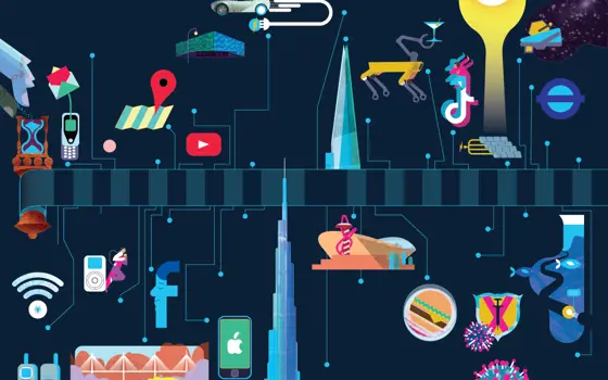 An illustration of a timeline, showing from 1999 to 2024, including: a Wifi symbol, an iPhone, the facebook logo, the millau viaduct, a camera phone, a map with a pin in it, the Shard, the Olympic Stadium, a four legged yellow robot holding a martini in its end effector, the TikTok logo, a sun shining on solar panels, a space telescope, the TfL roundel in purple, a burger in a petri dish, spiky virus particles next to a syringe, and a cut through of an optical cable undersea,