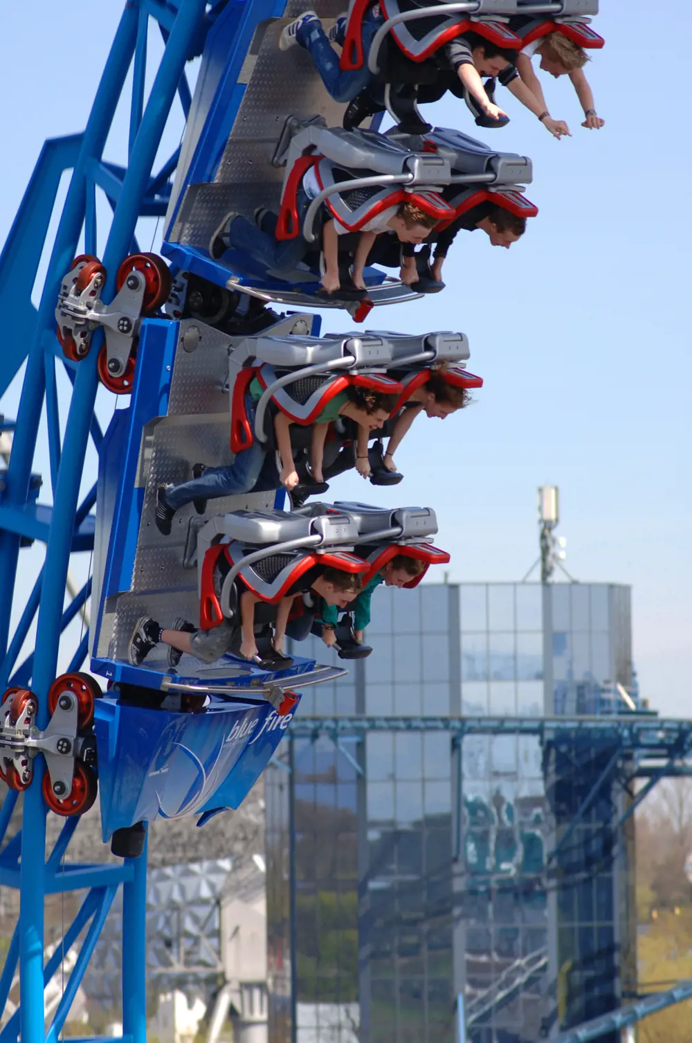 A group of people on the Blue Fire ride rollercoaster.