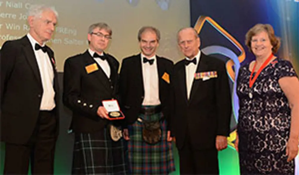 Professor Stephen Salter FRSE, Dr Niall Caldwell, Professor Win Rampen FREng, HRH Prince Philip, Professor Dame Ann Dowling DBE FREng FRS receiving the MacRobert Award. 