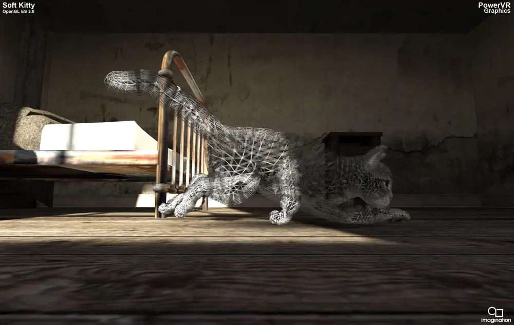A transparent animated kitten, showing the polygons that make up its frame as it moves.